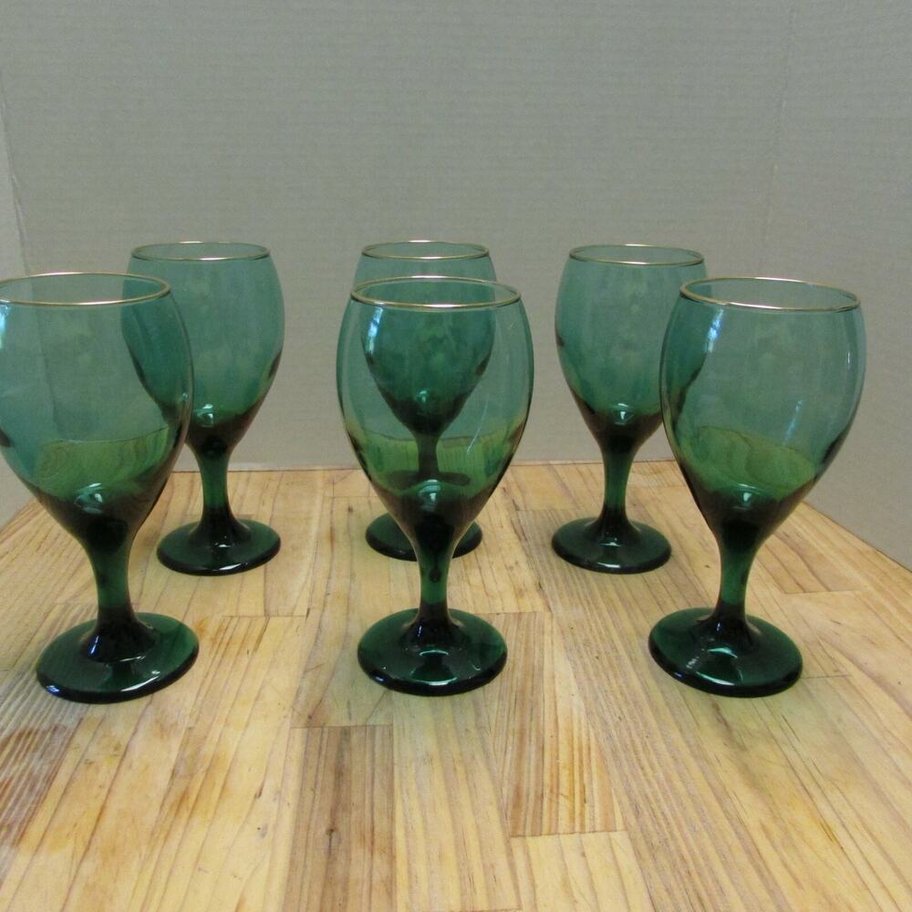 Set of 6 Vintage Libbey Teardrop Juniper Wine or Water Glasses Gold Trim